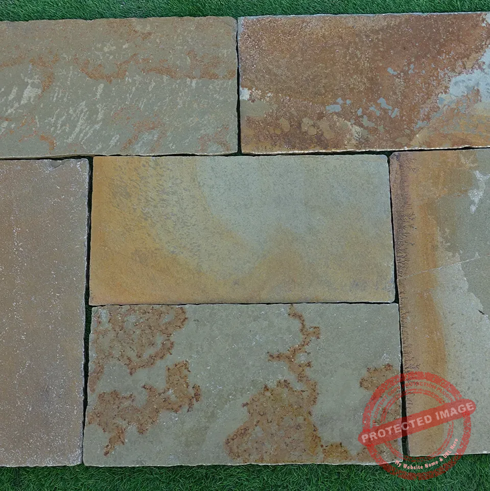 Indian Natural Stones Kota honey limestone paving slabs with natural texture for outdoor flooring and landscape applications.