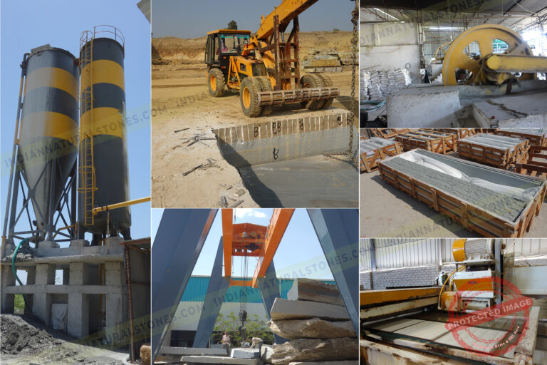 Manufacturing and quarry infrastructure of Indian Natural Stones, showcasing stone cutting machines, cranes, block handling, and processing facilities