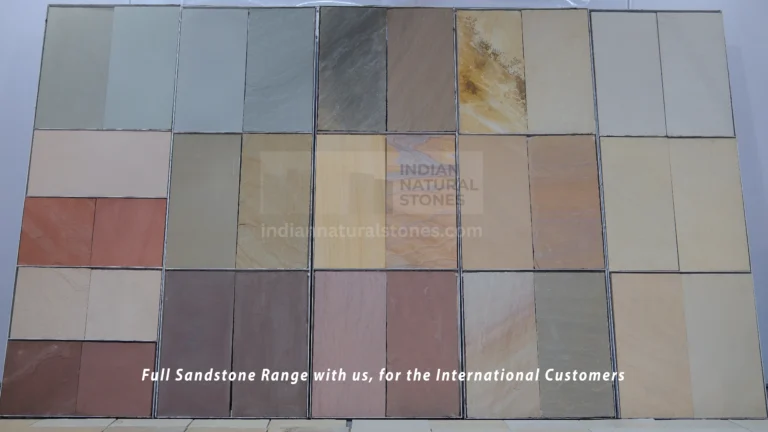 Indian Natural Stones sandstone selection board displaying multiple natural stone colors and textures