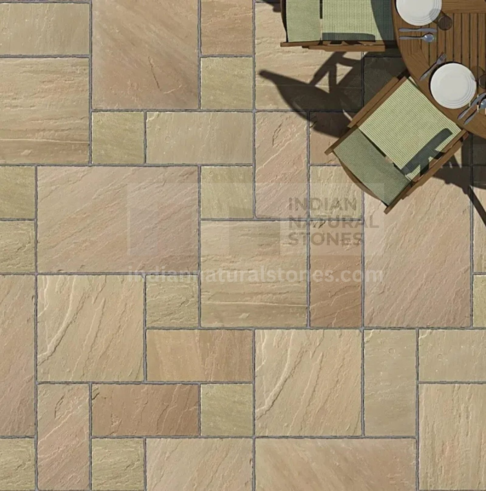 Indian Natural Stones natural sandstone patio featuring Mint Sandstone, ideal for modern British landscapes and luxury outdoor living spaces.