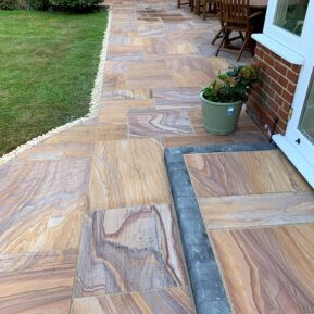Natural sandstone patio paving and garden pathway with multicolor stone slabs by Indian