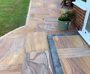 Natural sandstone patio paving and garden pathway with multicolor stone slabs by Indian Natural Stones