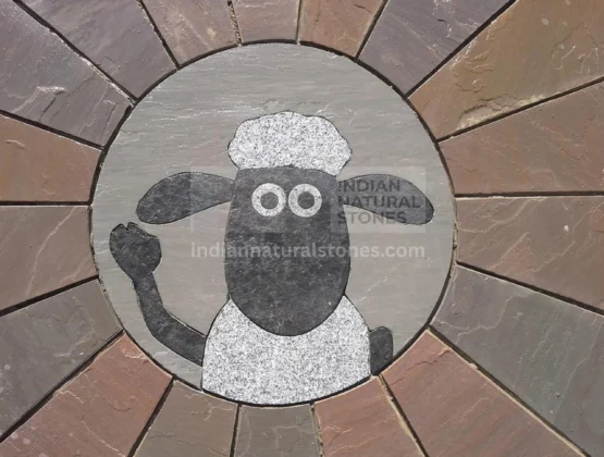 Decorative Autumn Brown Indian Sandstone circular patio design with custom stone inlay pattern, crafted using premium sandstone from Indian Natural Stones