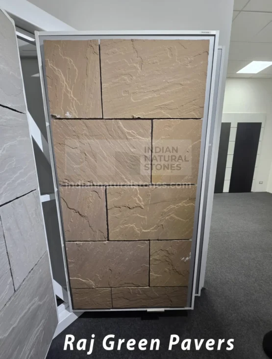 Raj Green Indian Sandstone pavers display panel showcasing natural textures, earthy tones, and premium craftsmanship by Indian Natural Stones for landscaping and outdoor paving applications.