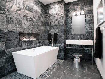 Indian slate stone wall cladding creating a luxurious and durable bathroom interior by Indian Natural Stones