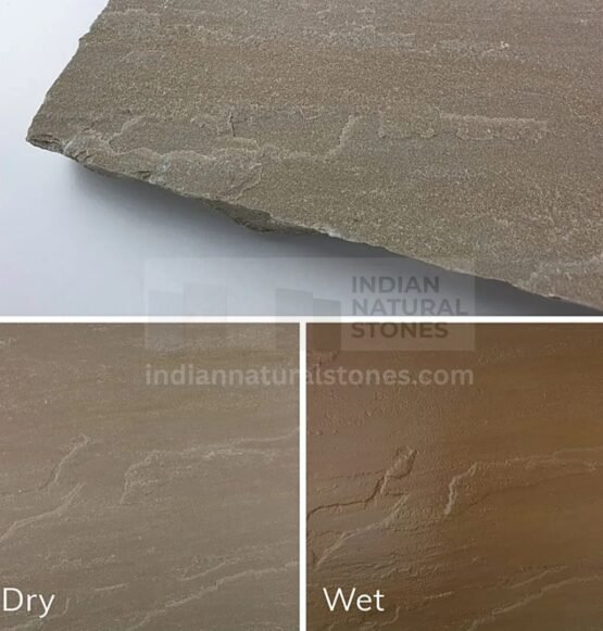 Indian sandstone slab showing natural surface texture and dry versus wet appearance comparison by Indian Natural Stones