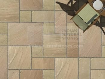 Indian Natural Stones natural sandstone patio featuring Mint Sandstone, ideal for modern British landscapes and luxury outdoor living spaces.