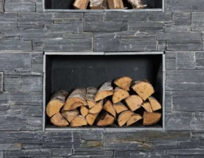 Natural stone slate wall cladding with recessed fireplace wood storage by Indian Natural Stones