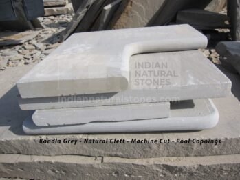 Indian Natural Stones Kandla Grey Indian Sandstone Pool Coping with natural cleft surface and machine-cut edges, showcasing premium sandstone paving for modern UK patios, pool surrounds, and hardscaping projects.