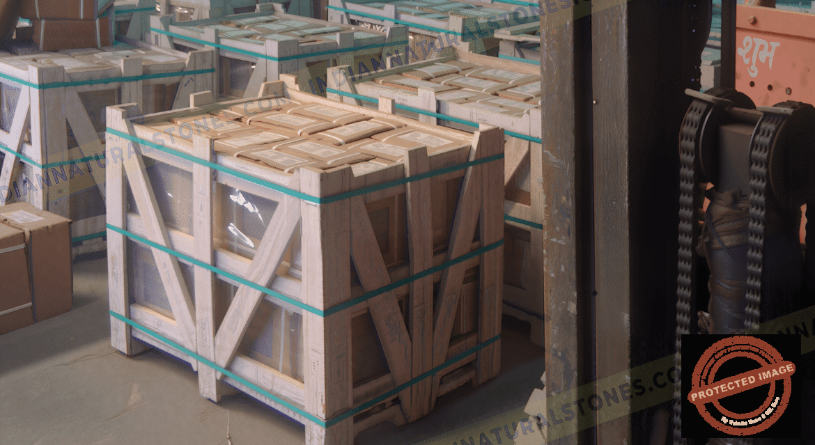 Made with FlexClip AI-2026-02-07T170229 Secure wooden crate packaging of natural stone products at Indian Natural Stones warehouse, prepared for export and international shipping
