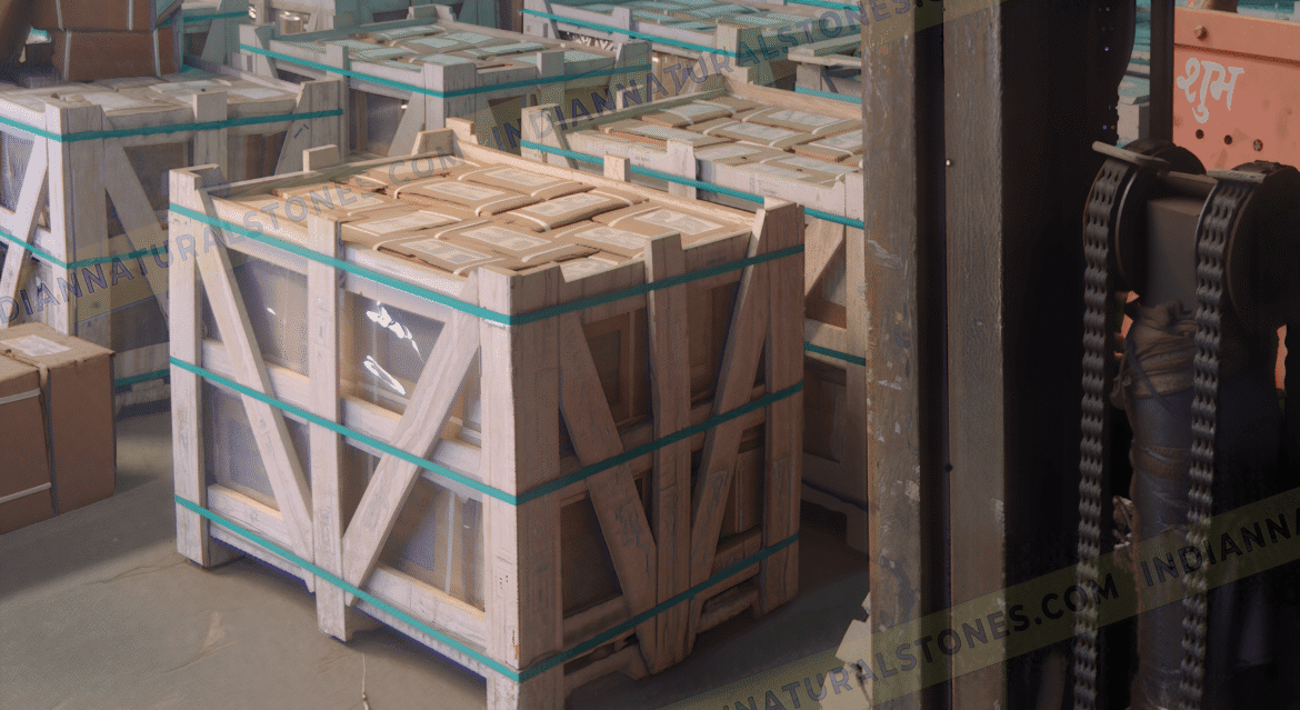 Secure wooden crate packaging of natural stone products at Indian Natural Stones warehouse, prepared for export and international shipping