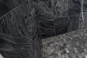 Ostrich grey slate stone bathroom wall and floor tiles installed by Indian Natural Stones