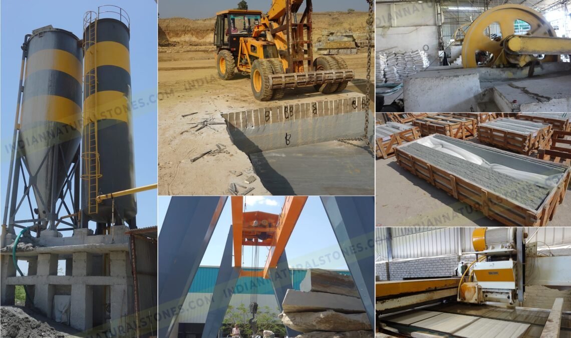 Manufacturing and quarry infrastructure of Indian Natural Stones, showcasing stone cutting machines, cranes, block handling, and processing facilities