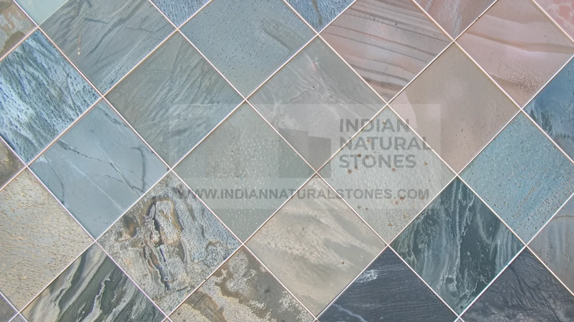 Multicolor Indian slate tiles arranged in modern pattern for interior wall and floor design