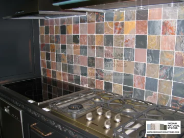 Colorful Indian slate tiles used as kitchen backsplash showcasing natural stone variation