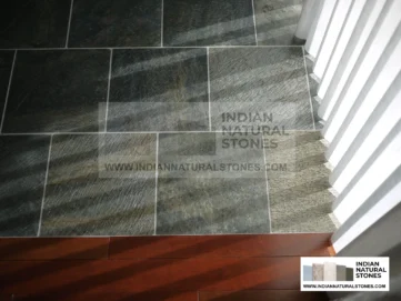 Natural Indian slate flooring installed on staircase with textured finish and elegant look