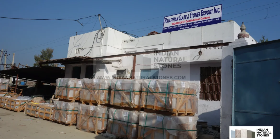 slates from Indian natural stones supplier Stacked Indian slate stone pallets at supplier warehouse ready for global export