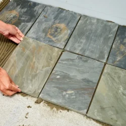 Multi Gold slate natural stone paving tiles installation for outdoor patio and flooring by Indian Natural Stones