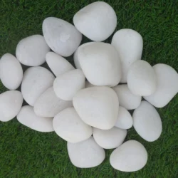 Natural landscaping stone pebbles from Indian Natural Stones in Snow White Quartz finish.