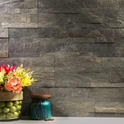 3D peel and stick stone panels by Indian Natural Stones in California Gold featuring a natural multi-tone stacked stone design for stylish and easy wall cladding.