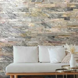 Forest Fire finish 3D peel and stick stone wall panels in living room by Indian Natural Stones