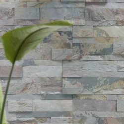 3D peel and stick stone panels by Indian Natural Stones in Indian Autumn finish, featuring a natural multi-tone stacked stone design for stylish and easy wall cladding.