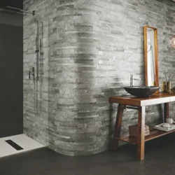 3D peel and stick stone panels by Indian Natural Stones in Silver Shine finish, showcasing a warm natural stone texture applied on a modern wall for elegant and easy wall cladding.
