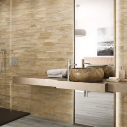 3D peel and stick stone panels by Indian Natural Stones in Yellow Mint finish, showcasing a warm natural stone texture applied on a modern bathroom wall for elegant and easy wall cladding.