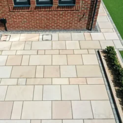 Beige sandstone honed natural stone paving slabs for patio and walkway by Indian Natural Stones
